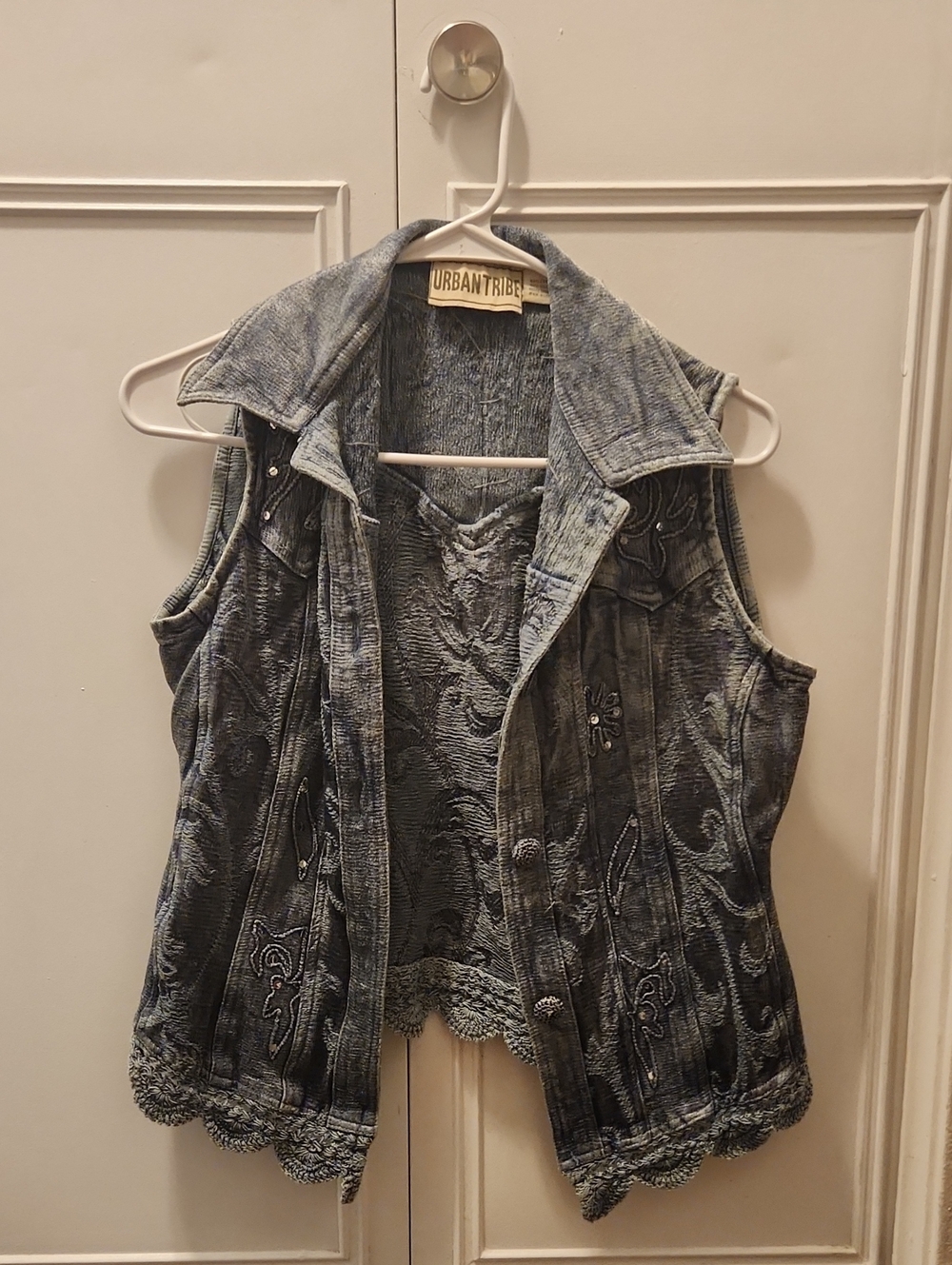Washed Blue Vest with Embroidered Details And Sequins